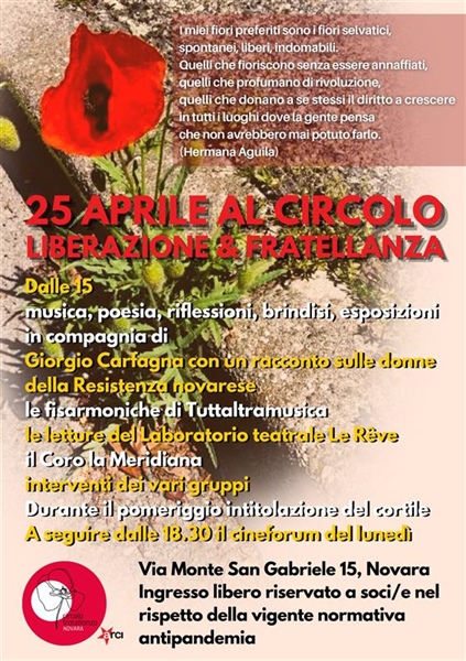 Novara, 25 aprile al Circolo della Fratellanza