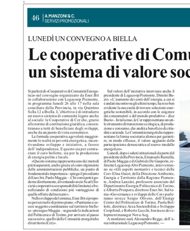 Le cooperative di comunità energetica: su La Stampa Biella l'incontro...