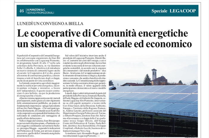 Le cooperative di comunità energetica: su La Stampa Biella l'incontro...