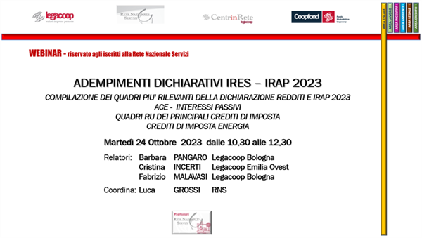WEBINAR RNS 24/10/2023 "Adempimenti dichiarativi Ires-Irap 2023"