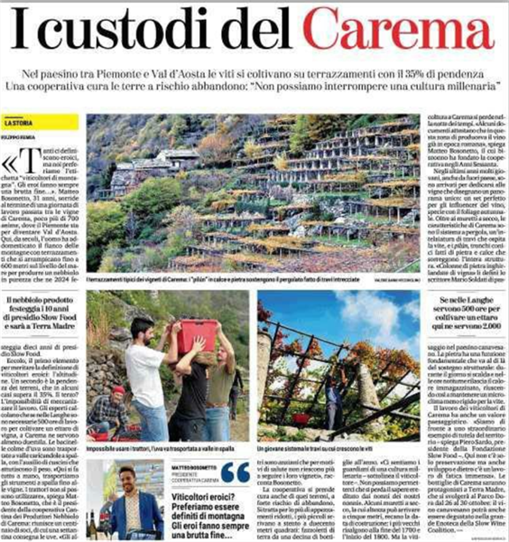 La Cooperativa Produttori Nebbiolo di Carema protagonista a Terra Madre si racconta su La Stampa