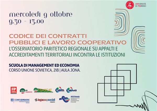 Torino ospita il convegno “Codice dei Contratti e Lavoro Cooperativo. L'Osservatorio Paritetico su Appalti e Accreditamenti Territoriali incontra le Istituzioni"