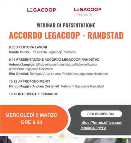 Accordo Legacoop-Randstad: webinar di presentazione il 5 marzo ore 9.30