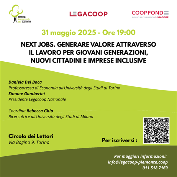 "Next Jobs": Legacoop al Festival dell'Economia 2025 -  31 maggio ore 19.00